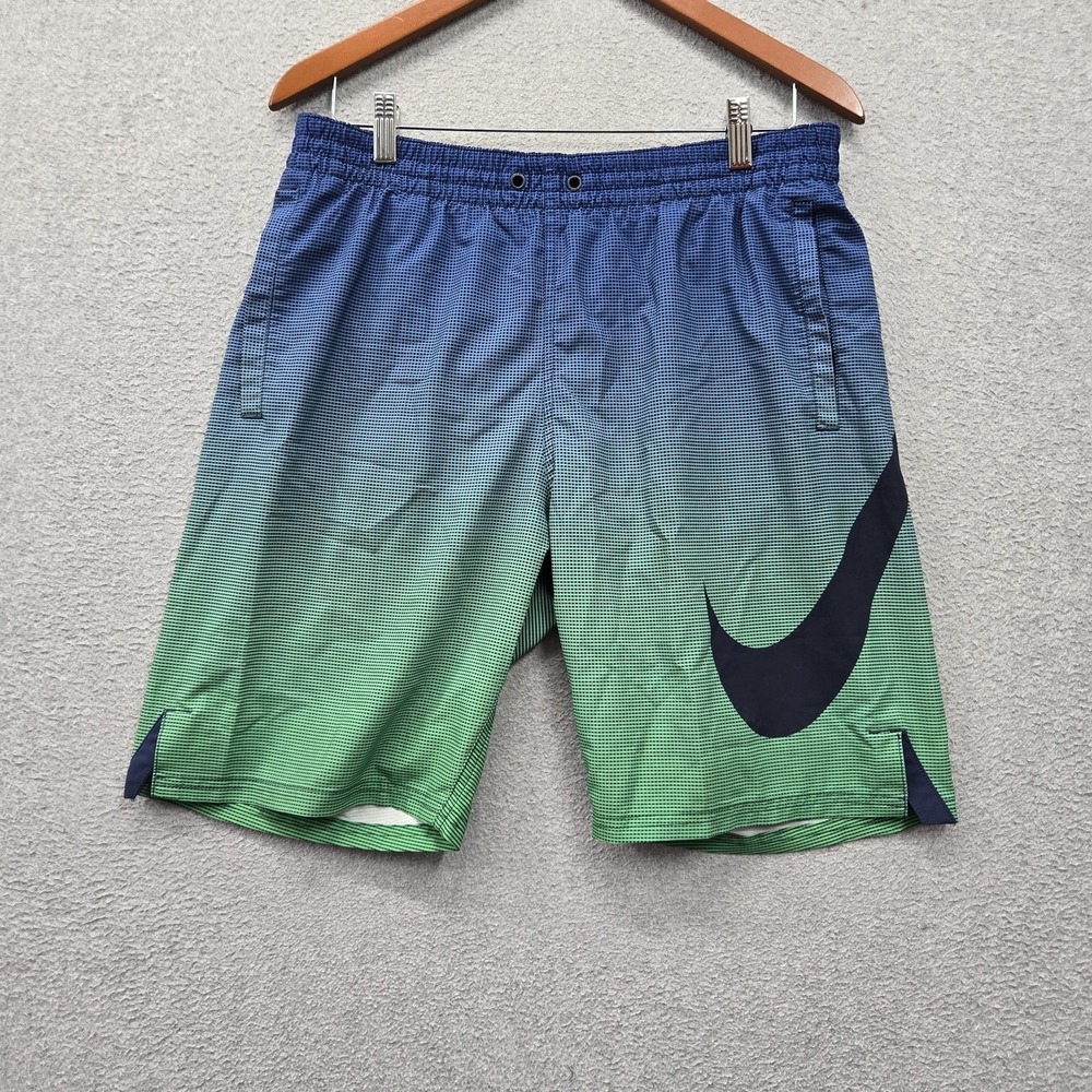 Nike Men Simwear M Blue Geometric Trunks Big Swoosh Logo Stretch READ